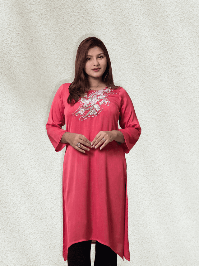 Elegant Crimson Silk Embroidered Kurti