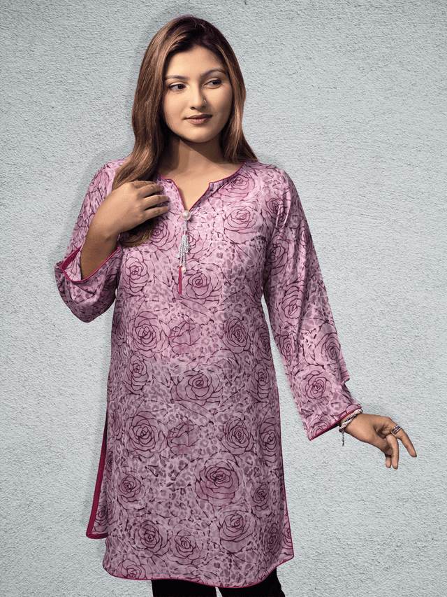 Elegant Rose Print Korean Georgette Kurti (Grey and Rose)