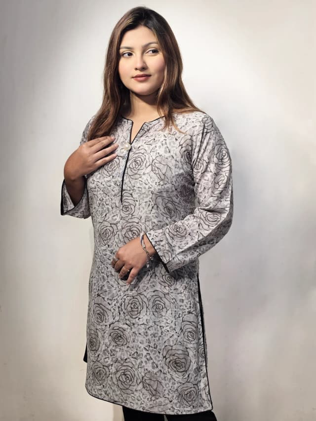 Elegant Rose Print Korean Georgette Kurti (Grey )
