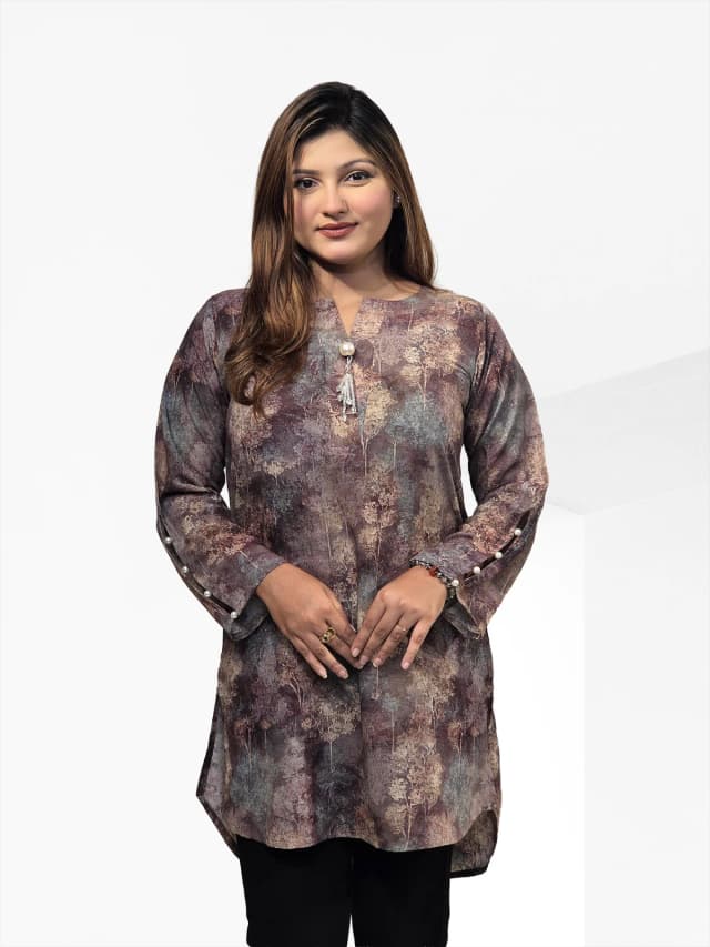 Enchanted Forest Print Korean Georgette Kurti (Vintage Earthy Taupe)
