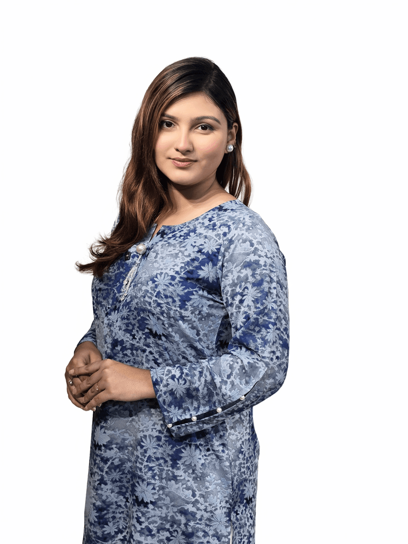 Premium Floral Printed Weightless Chiffon Kurti – Blue