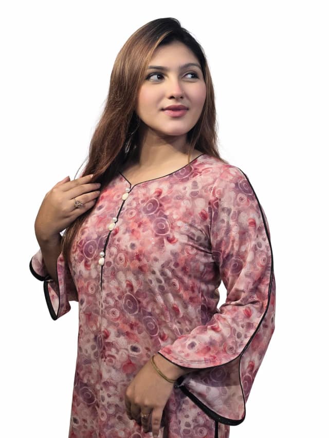 Elegant Floral Digital Printed Shimmer Kurti (Pink and Light Lavender)