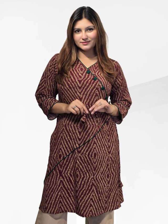Stylish Angrakha Style Geometric Printed Kurti (Maroon and Black)