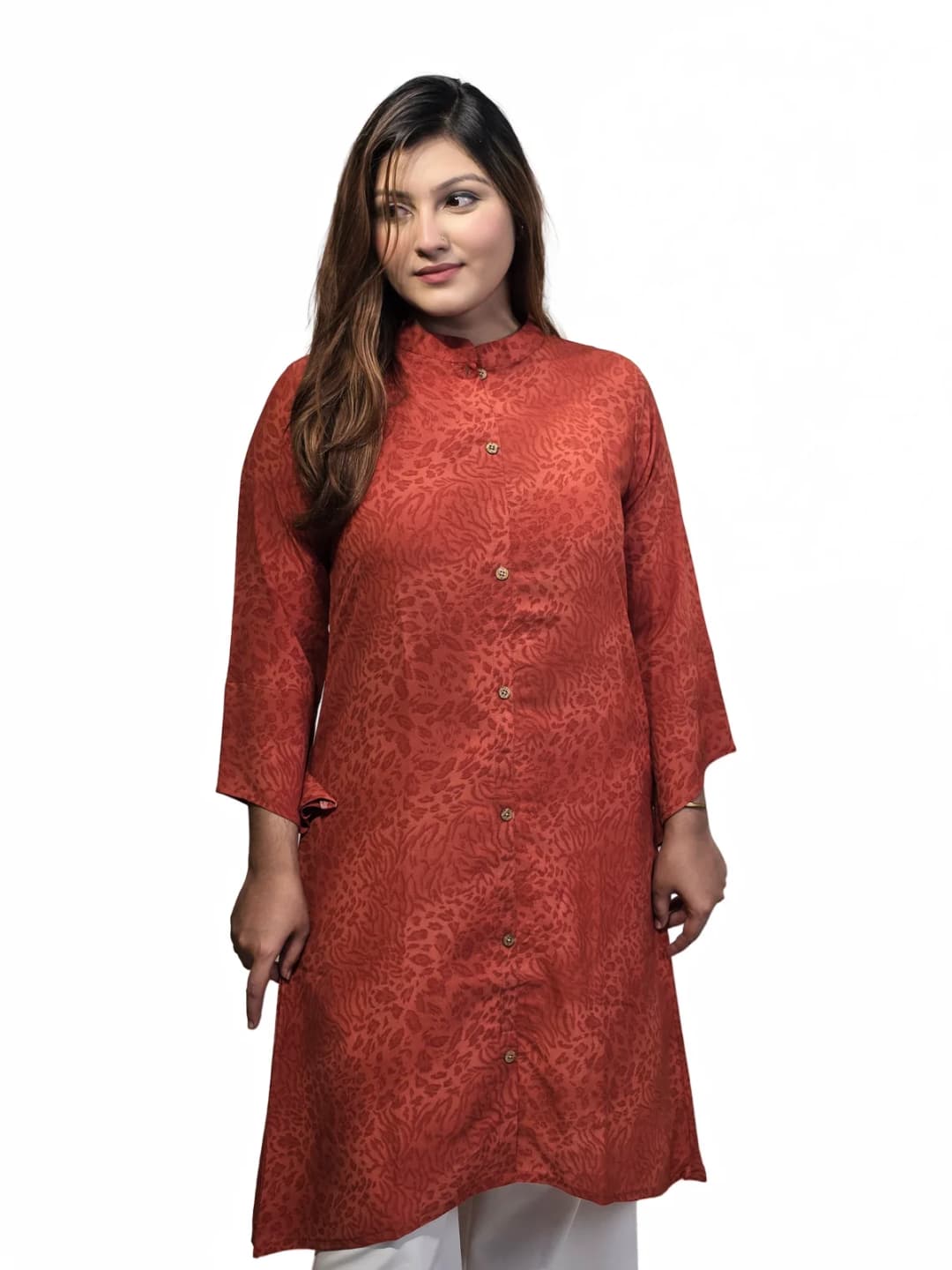 Elegant Self-Textured Jacquard Kurti (Terracotta / Rust)