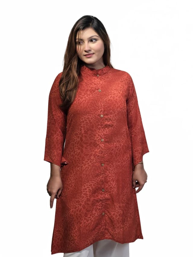 Elegant Self-Textured Jacquard Kurti (Terracotta / Rust)
